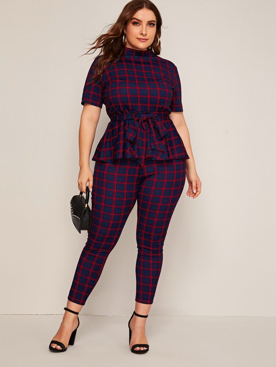 Mulvari Plus Mock-neck Belted Plaid Peplum Top & Leggings Set - Multicolor - View 1