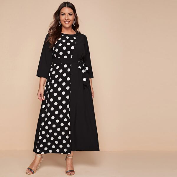 

Plus Belted Polka-dot Print Maxi Dress, Black