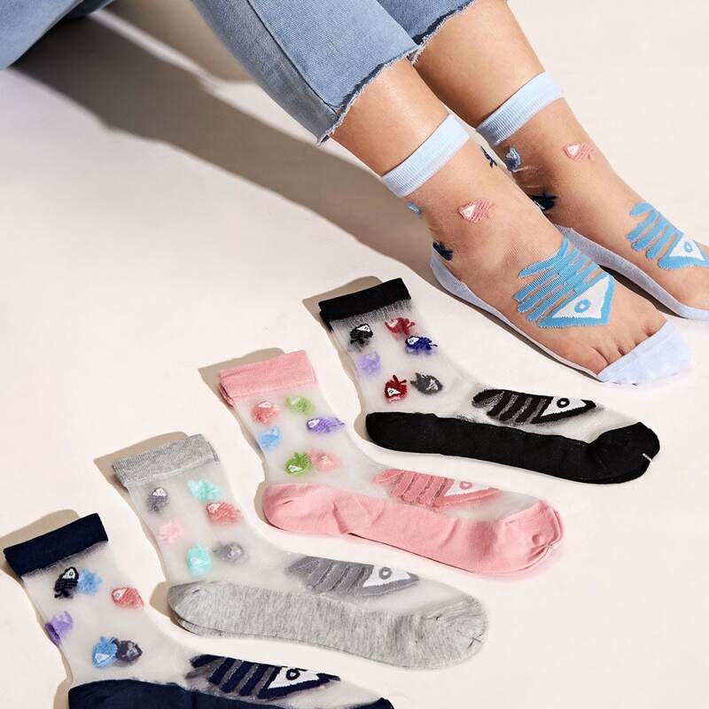 

5pairs Fish Pattern Mesh Panel Socks, Multicolor