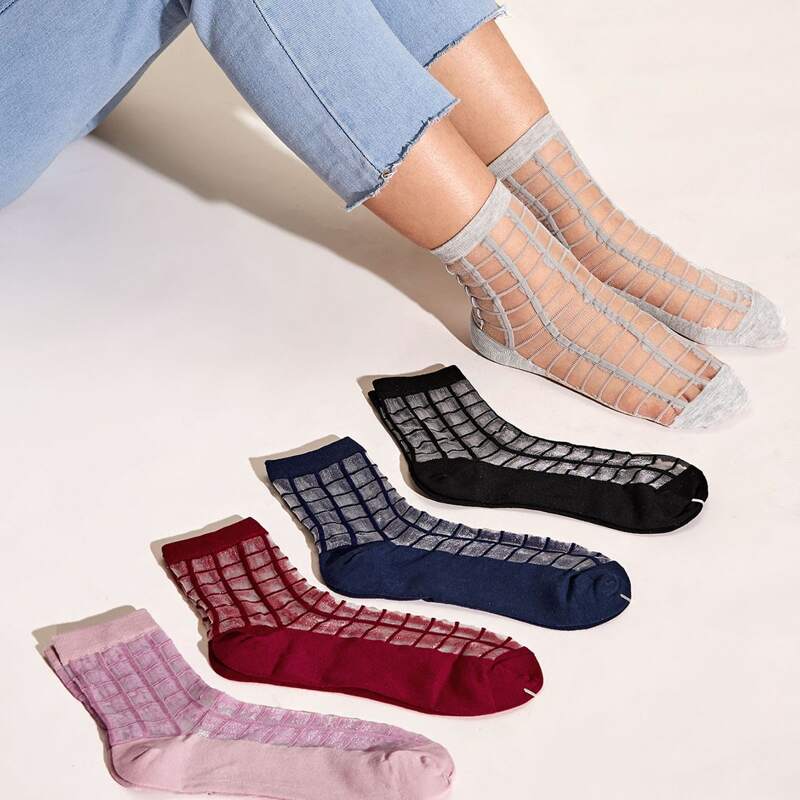 

5pairs Grid Mesh Socks, Multicolor