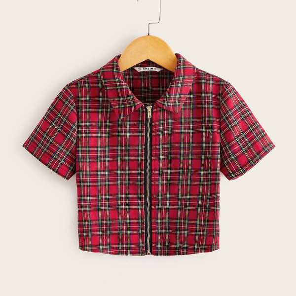 

Girls Zipper Placket Tartan Blouse, Red