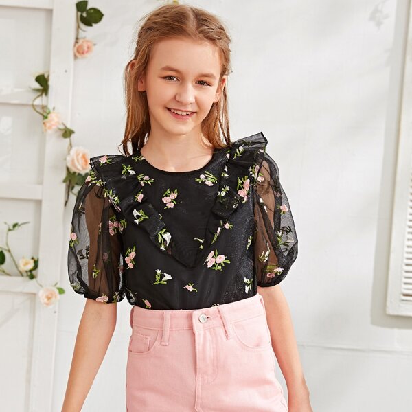 

Girls Ruffle Trim Puff Sleeve Floral Embroidery Mesh Top, Black