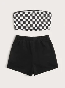 SHEIN 女孩棋盤格短版抹胸上衣和抽繩腰短褲套裝 - 黑與白 - 查看 2