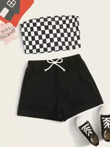SHEIN 女孩棋盤格短版抹胸上衣和抽繩腰短褲套裝 - 黑與白 - 查看 1