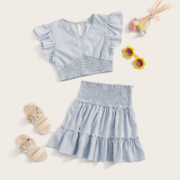 

Girls V-neck Ruffle Armhole Shirred Top & Tiered Skirt Set, Blue