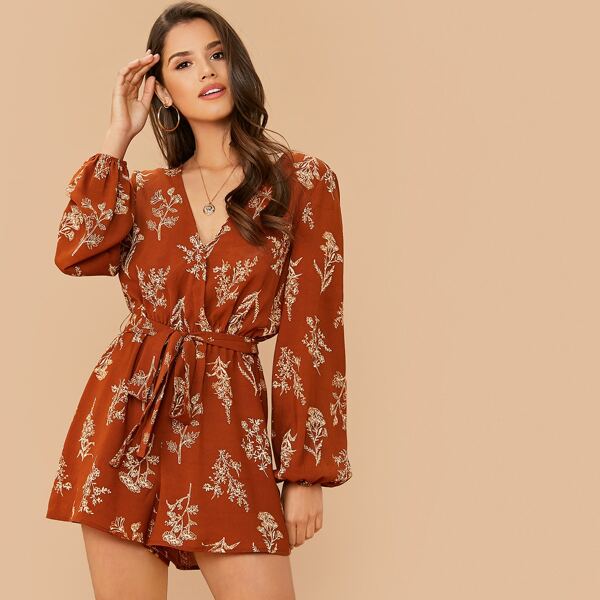 

Lantern Sleeve Belted Plants Print Romper, Brown