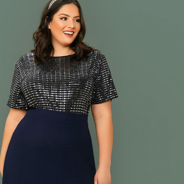 

Plus Short Sleeve Sequin Top, Grey