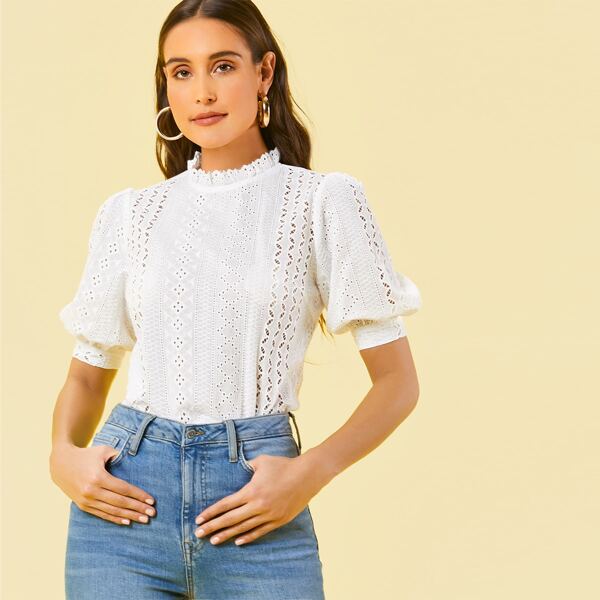 

Mock-neck Puff Sleeve Schiffy Top, White