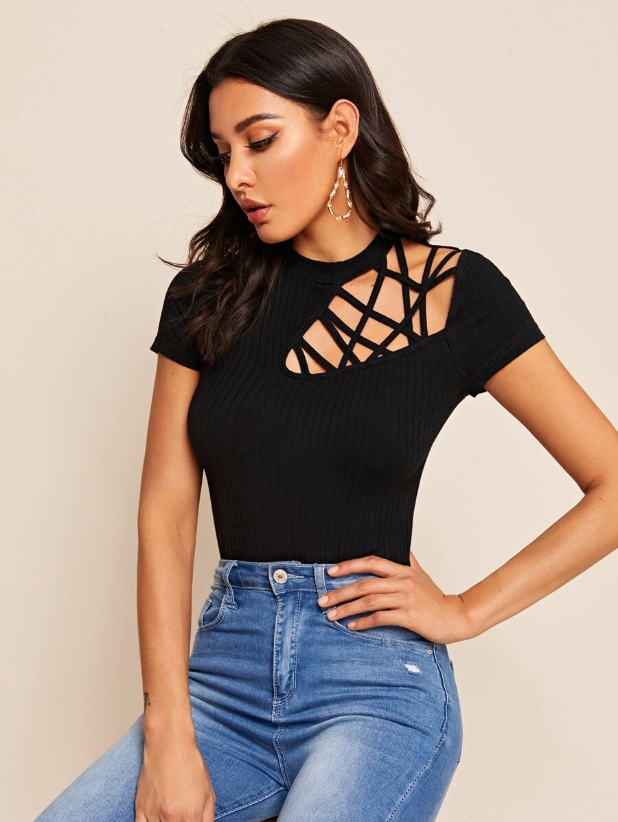 SHEIN BAE Cutout Detail Rib-knit Tee - Black - View 1