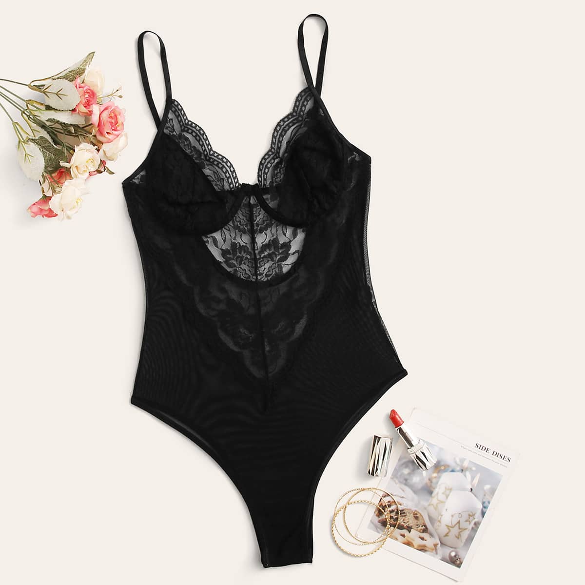 

Floral Lace Sheer Teddy Bodysuit, Black