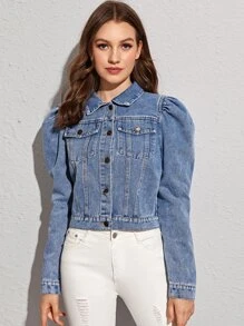 Solid Puff Sleeve Denim Jacket - Blue - View 1