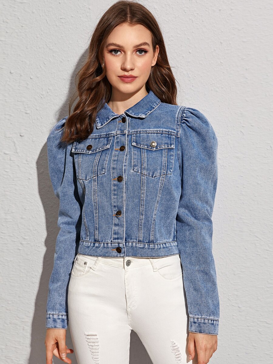 Solid Puff Sleeve Denim Jacket - Blue - View 1