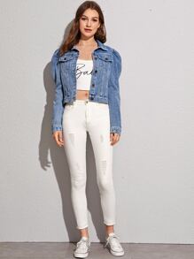 Solid Puff Sleeve Denim Jacket - Blue - View 3