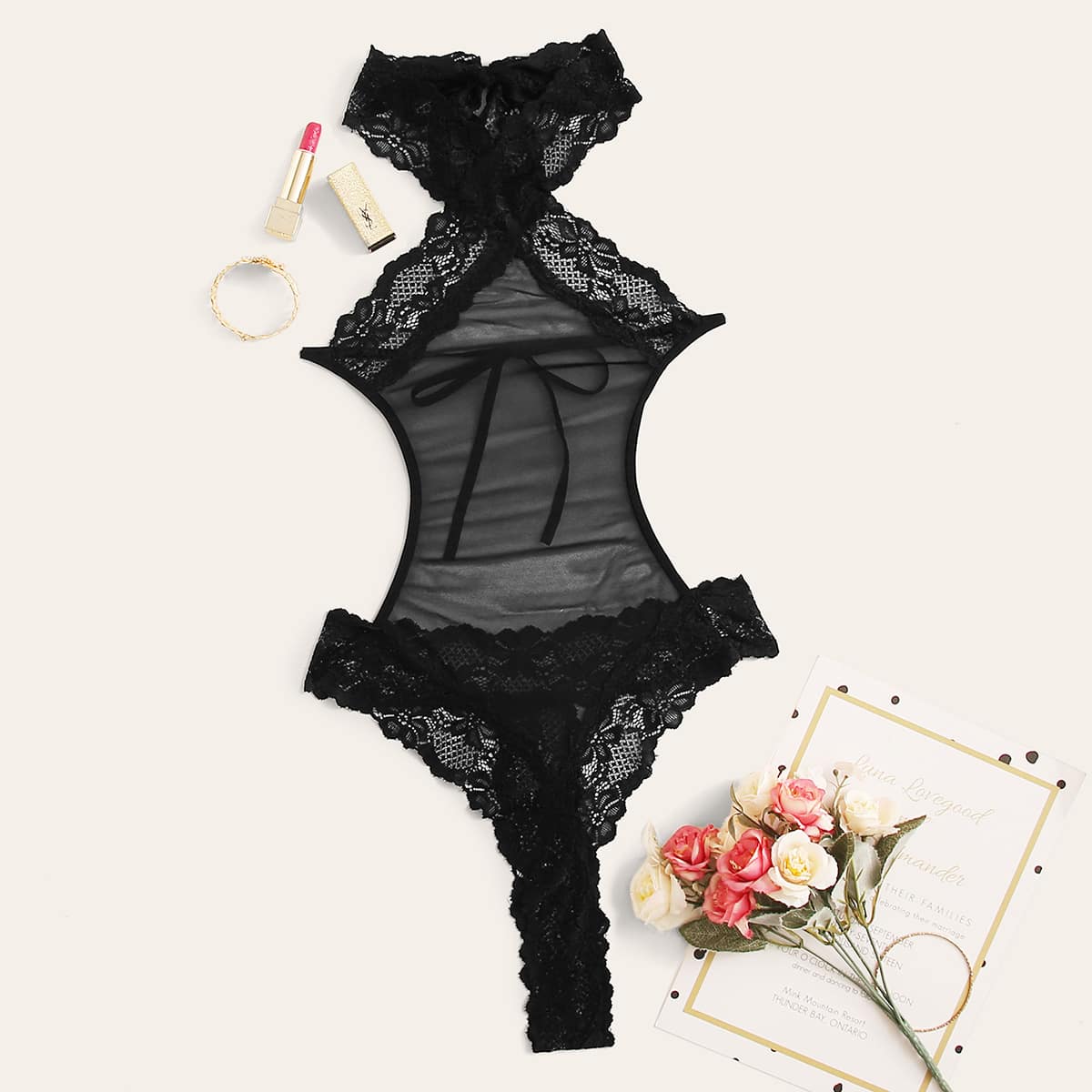 

Floral Lace Crisscross Backless Teddy Bodysuit, Black