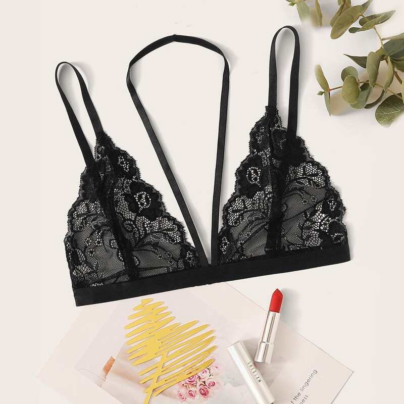 

Floral Lace Halter Bra, Black