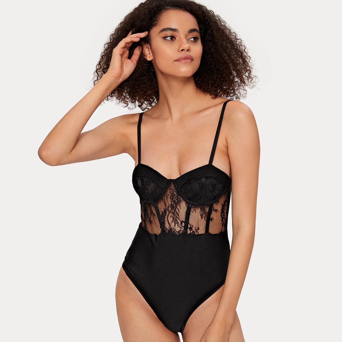 

Floral Lace Insert Teddy Bodysuit, Black