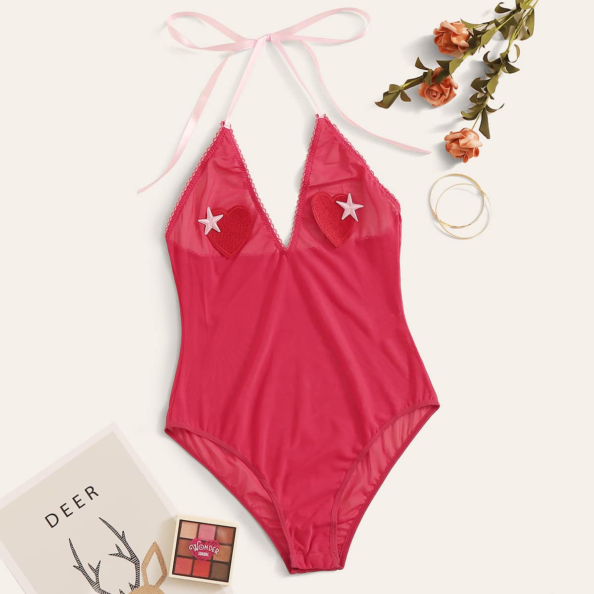 

Heart Applique Mesh Halter Teddy Bodysuit, Red