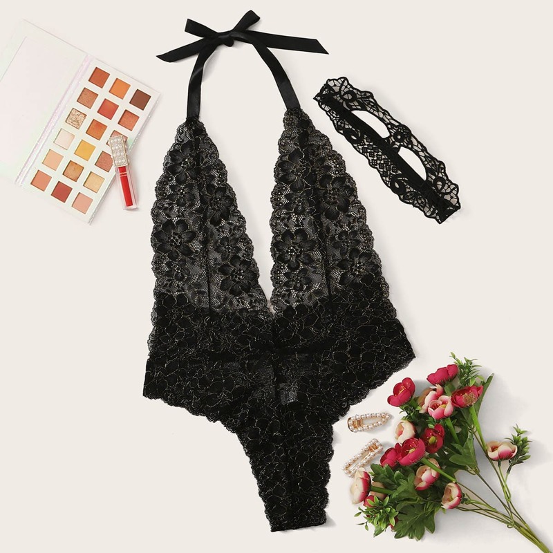 

Floral Lace Halter Teddy Bodysuit With Eye Cover, Black