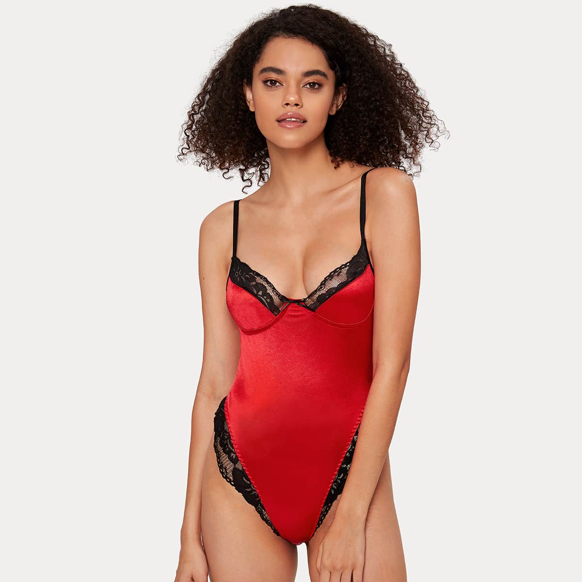 

Floral Lace Trim Satin Teddy Bodysuit, Red