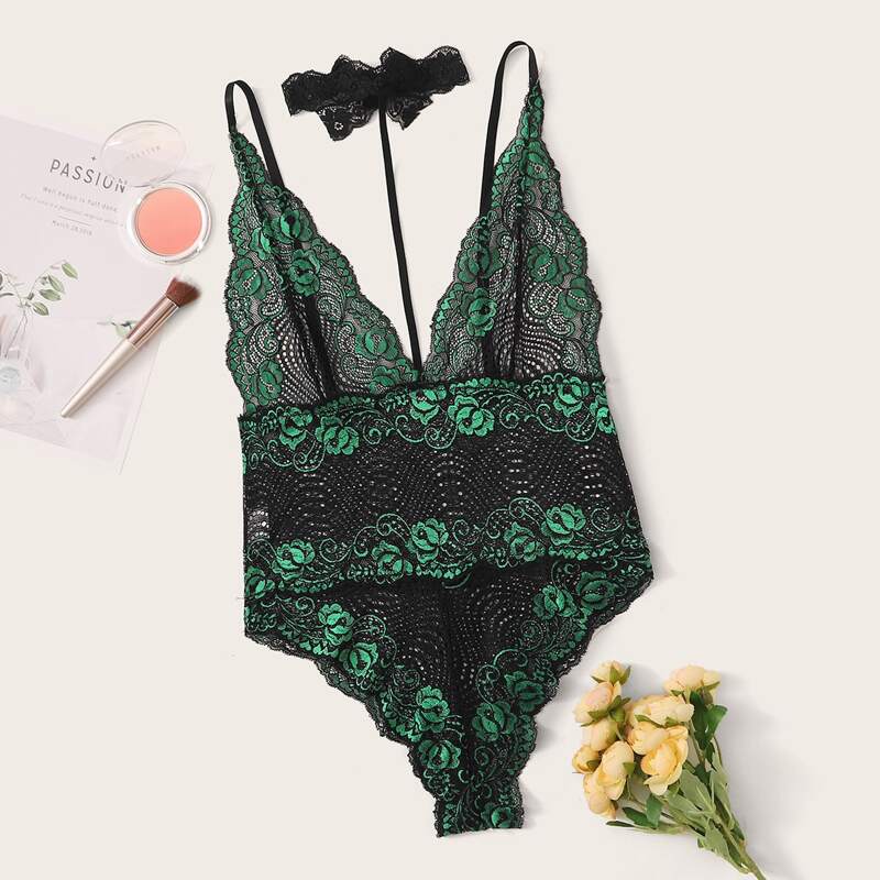 

Floral Lace Teddy Bodysuit With Choker, Multicolor