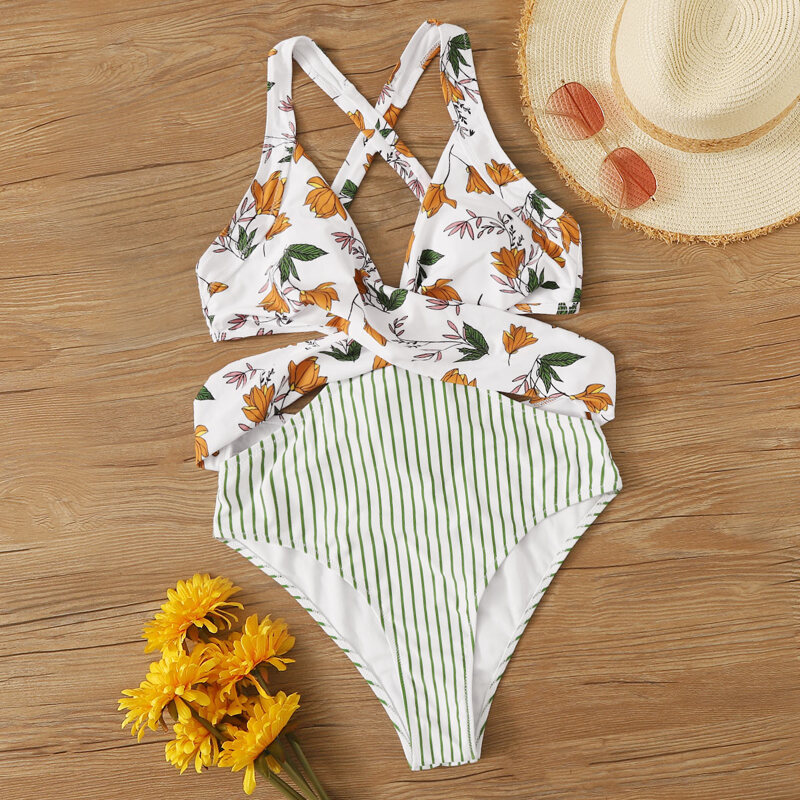 

Striped & Random Floral Criss Cross One Piece Swimsuit, Multicolor