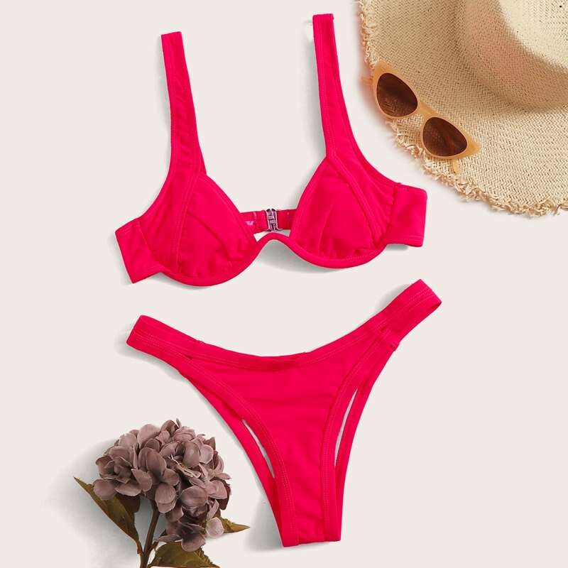 

Solid High Cut Underwire Bikini Swimsuit, Pink bright