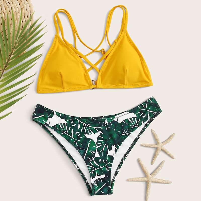 

Random Tropical Criss Cross Triangle Tropical Bikini Swimsuit, Multicolor