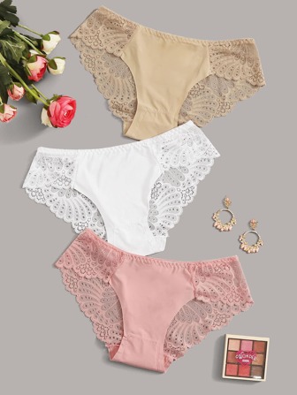 طقم سراويل داخلي بدانتيل متباين 3 قطع