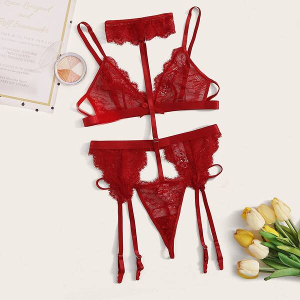 

Eyelash Lace Garter Lingerie Set With Choker, Red