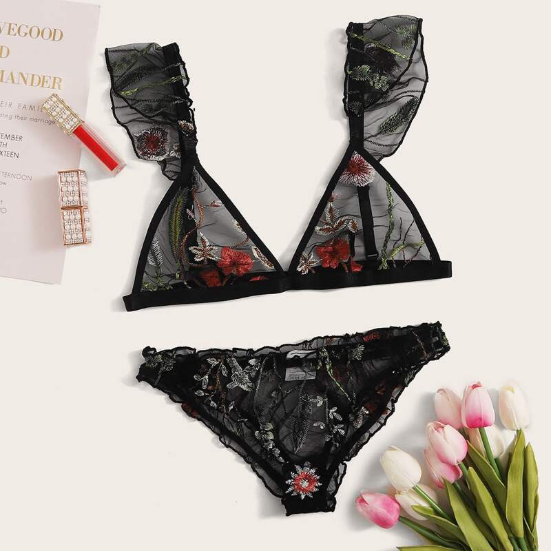 

Floral Embroidered Mesh Lingerie Set, Black