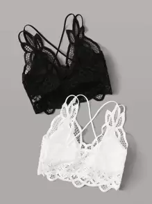 2 Paquetes de Conjunto de Lencería con Encaje de Contraste - Blanco y Negro - Ver 2