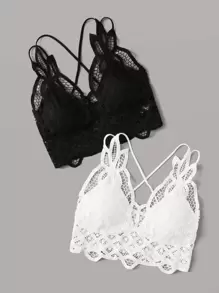2 Paquetes de Conjunto de Lencería con Encaje de Contraste - Blanco y Negro - Ver 3