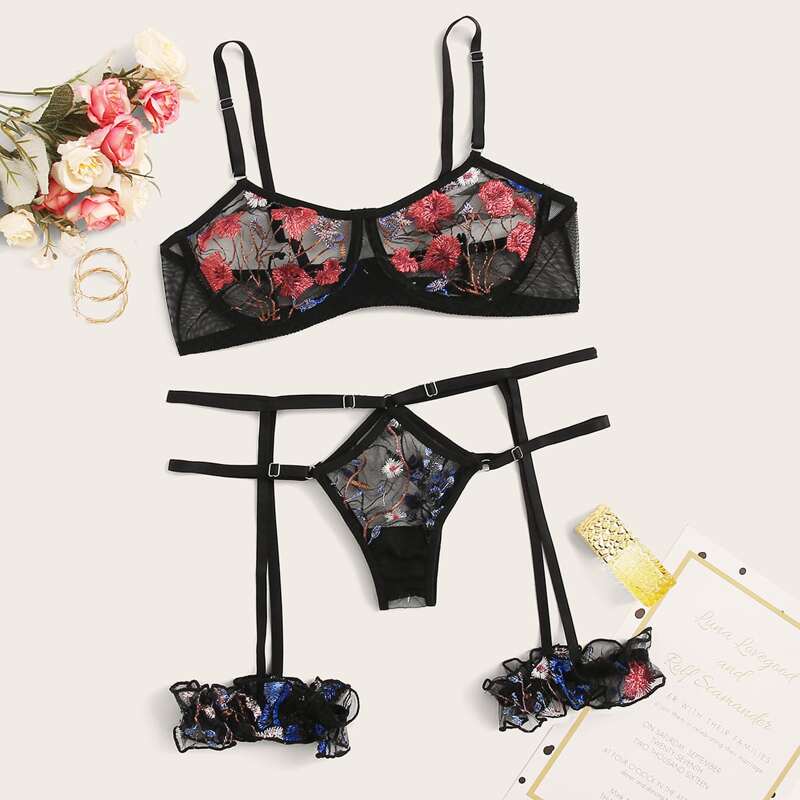 

Floral Embroidered Underwire Garter Lingerie Set, Black