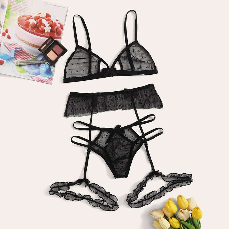 

Polka Dot Mesh Garter Lingerie Set, Black