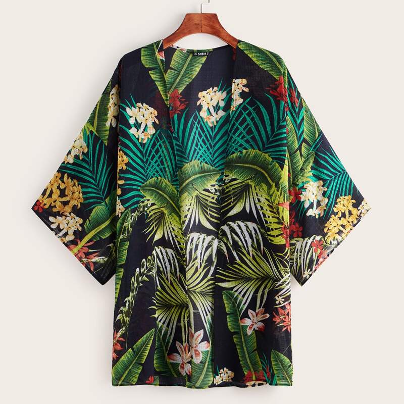

Drop Shoulder Tropical Print Kimono, Multicolor