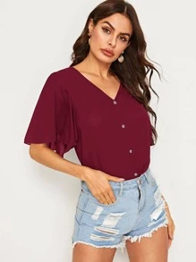 SHEIN Top de manga con volante con botón delantero escote V - Burdeos - Ver 4