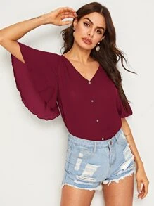 SHEIN Top de manga con volante con botón delantero escote V - Burdeos - Ver 5