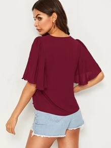 SHEIN Top de manga con volante con botón delantero escote V - Burdeos - Ver 2