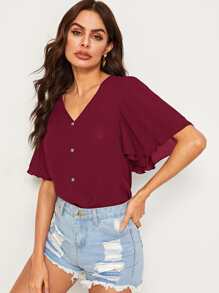 SHEIN Top de manga con volante con botón delantero escote V - Burdeos - Ver 1