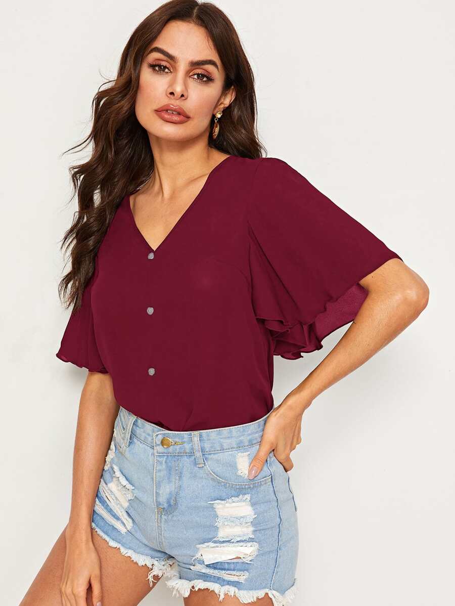 SHEIN Top de manga con volante con botón delantero escote V - Burdeos - Ver 1