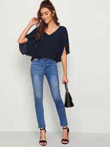 SHEIN Unity Solid Petal Sleeve Top - Navy Blue - View 3