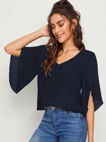 SHEIN Unity Solid Petal Sleeve Top - Navy Blue - View 4