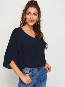 SHEIN Unity Solid Petal Sleeve Top - Navy Blue - View 5