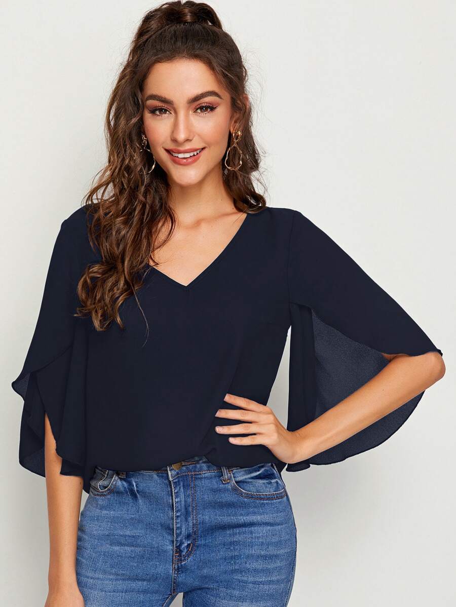 SHEIN Unity Solid Petal Sleeve Top - Navy Blue - View 1