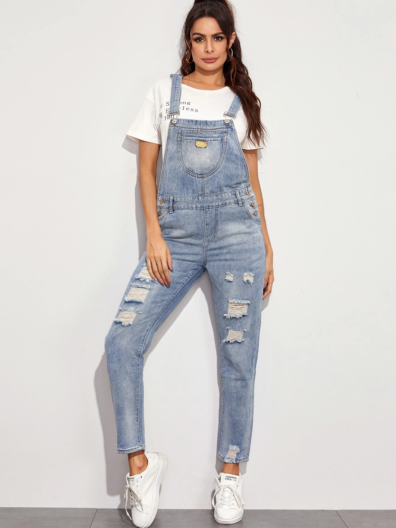 ripped overall jeans with pocket