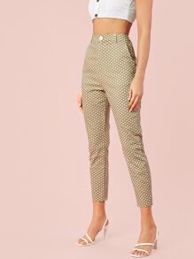 SHEIN Pantalones con bolsillo oblicuo de lunares - Caqui - Ver 3
