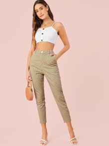 SHEIN Pantalones con bolsillo oblicuo de lunares - Caqui - Ver 5
