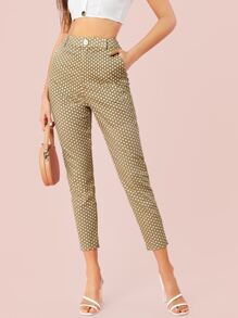 SHEIN Pantalones con bolsillo oblicuo de lunares - Caqui - Ver 1