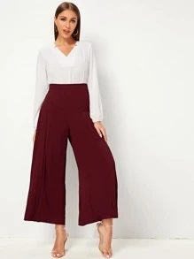 SHEIN High Waist Pleated Wide Leg Trousers - Burgundy - View 3