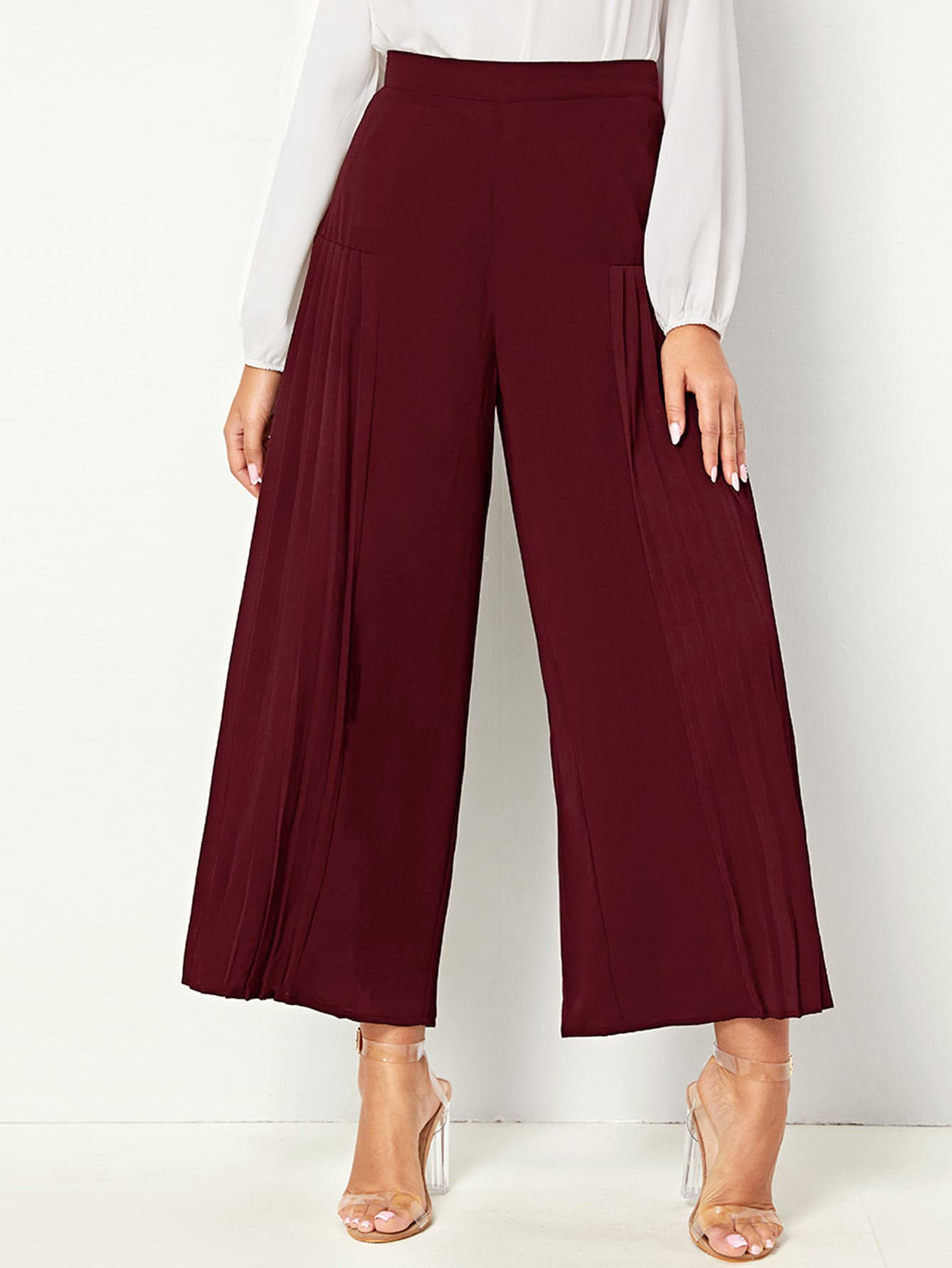 SHEIN High Waist Pleated Wide Leg Trousers - Burgundy - View 1